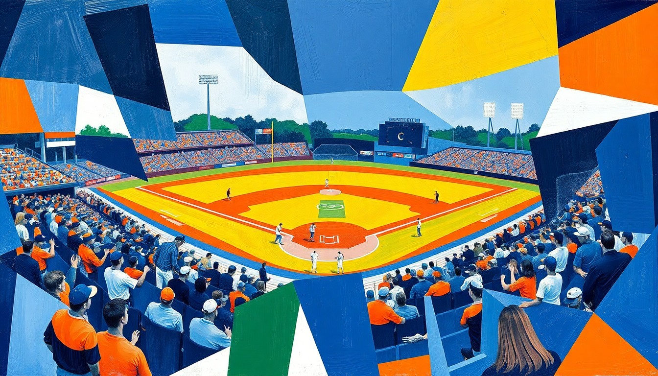 A cubist, geometric painting depicting a high school baseball game, with overlapping planes of navy blue, orange, royal blue, and white representing the two teams in action.