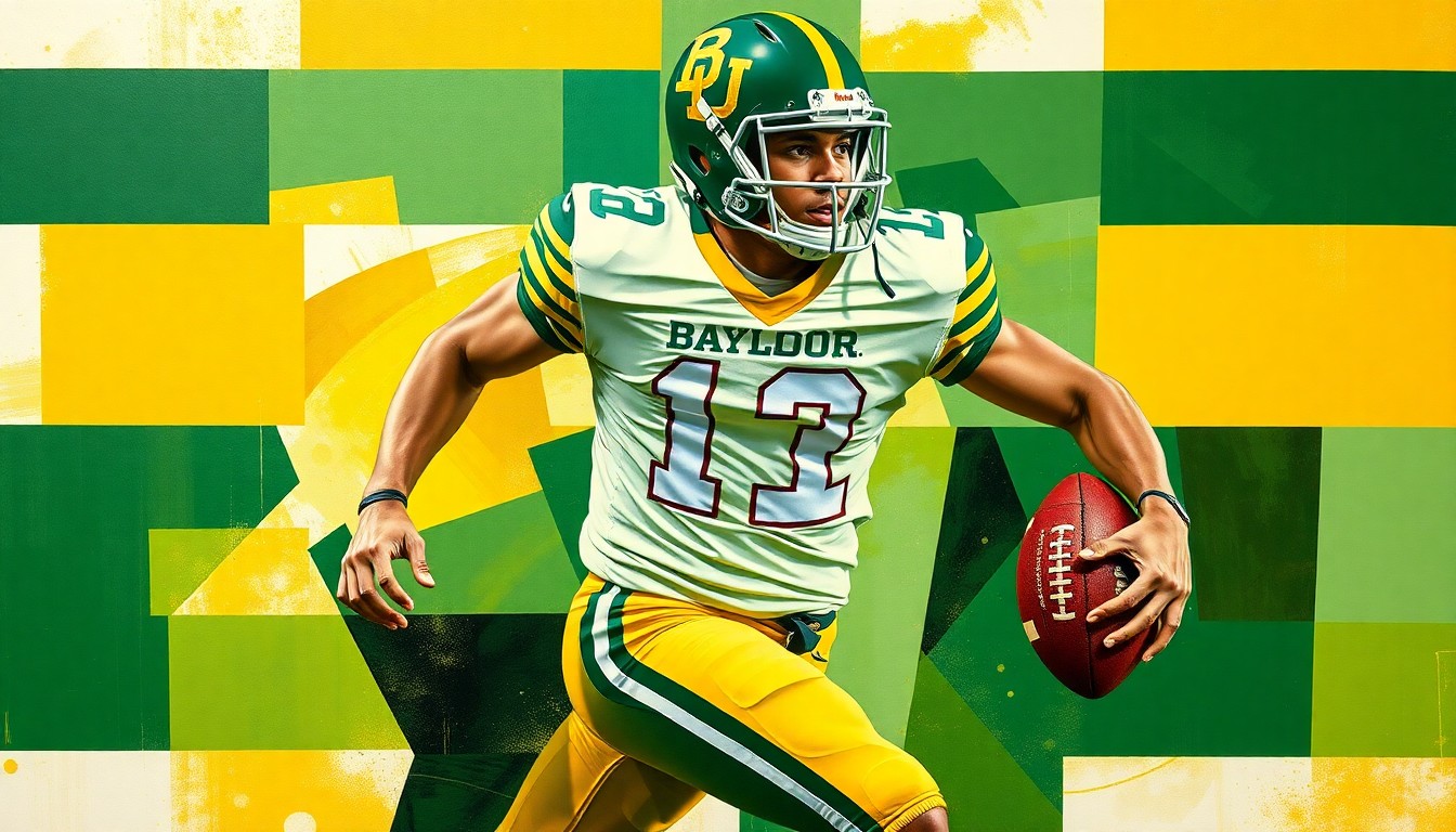 A cubist-style painting depicting a football player in motion, broken down into overlapping geometric shapes in shades of green and gold.