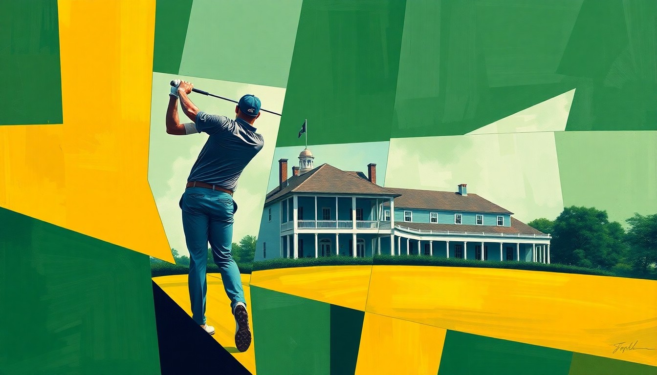 A fragmented, geometric painting depicting an abstract golf swing and the iconic Augusta National clubhouse, conveying the clash between the tournament's storied history and its strict policies on personal devices.