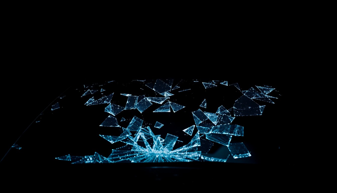 An extreme close-up photograph of a shattered car windshield, capturing the dramatic texture and fragmented pieces of glass in stark contrast against a pitch-black background, conceptually representing the aftermath of a serious car accident.