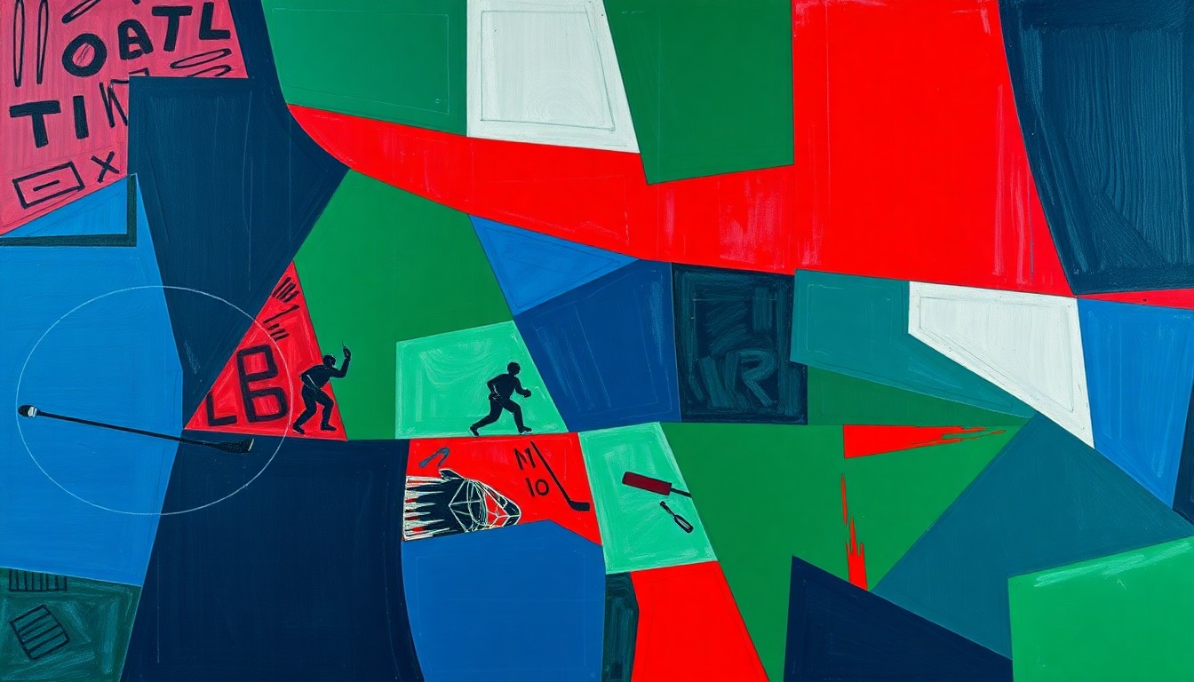 A cubist, geometric painting depicting fragmented hockey players and scouting figures, conveying the complex challenges of talent identification and player development in the NHL.