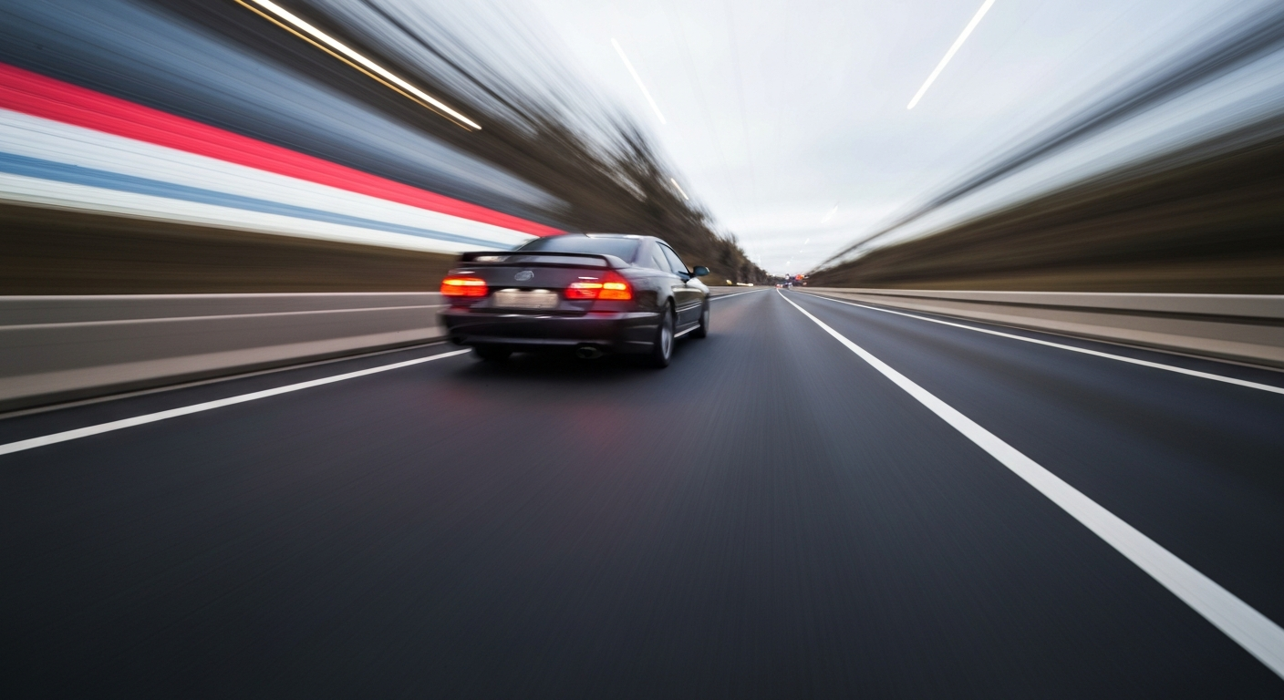 An abstract, blurred image of a car speeding down a highway, with only the vehicle's form visible through the vibrant streaks of color, conceptually representing the motion and energy of a busy freeway.