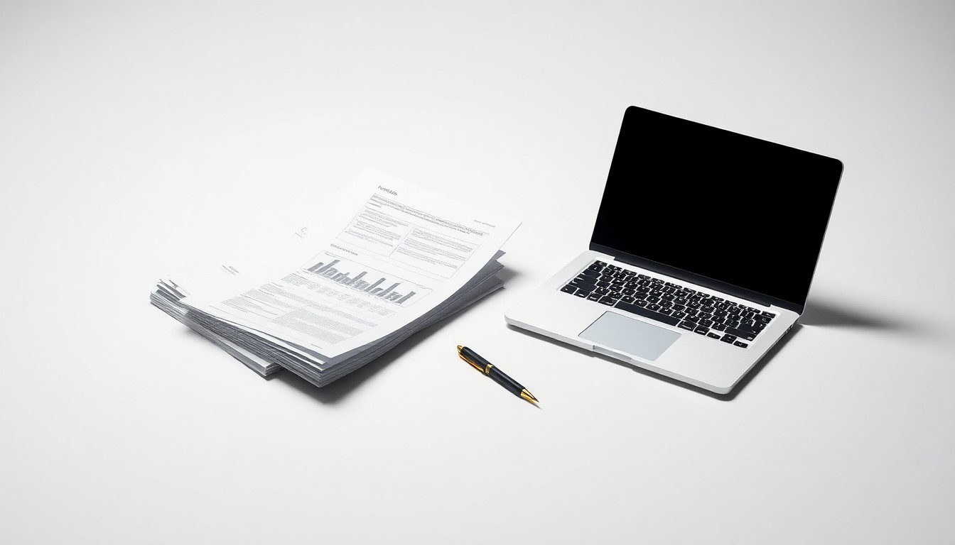 A high-end, photorealistic studio still-life photograph featuring a stack of financial documents, a laptop, and a pen arranged elegantly on a clean, white seamless background, conceptually representing the abstract corporate strategy and innovation in the community finance sector.