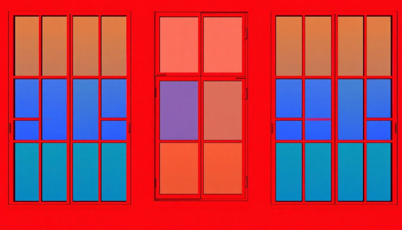 A bold, abstract silkscreen illustration featuring a repeated pattern of a single window frame in bright neon colors, conceptually representing the importance of window upgrades for Waco homes.