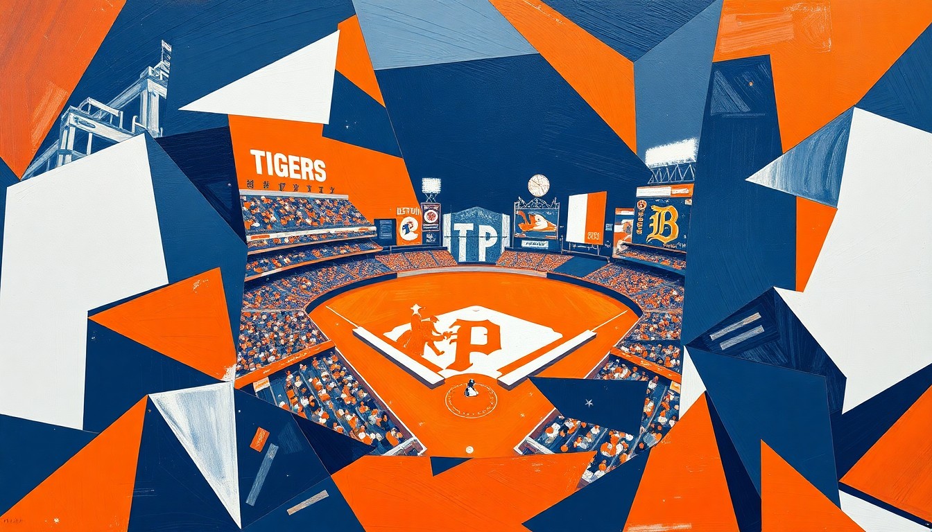 A cubist-style painting featuring overlapping geometric shapes and planes in shades of orange, navy blue, and white, conceptually representing the fragmented and challenging start to the Detroit Tigers' 2026 season.