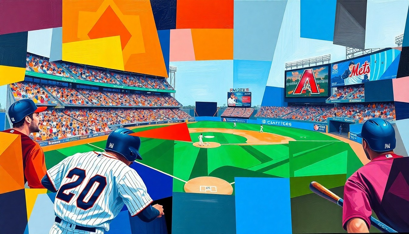 A cubist, geometric painting in vibrant colors representing a baseball game, with the players and field broken down into sharp, overlapping planes to convey the tension and disappointment of the Mets' defeat.