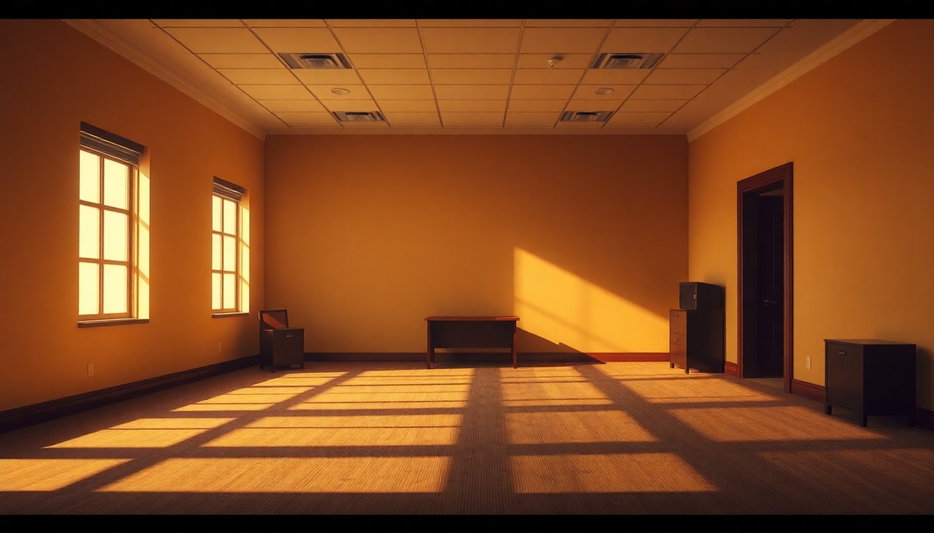 A dimly lit, cinematic painting of an empty government office space, with warm sunlight streaming through the windows and deep shadows cast across the room, conveying a sense of political isolation and bureaucratic inertia.