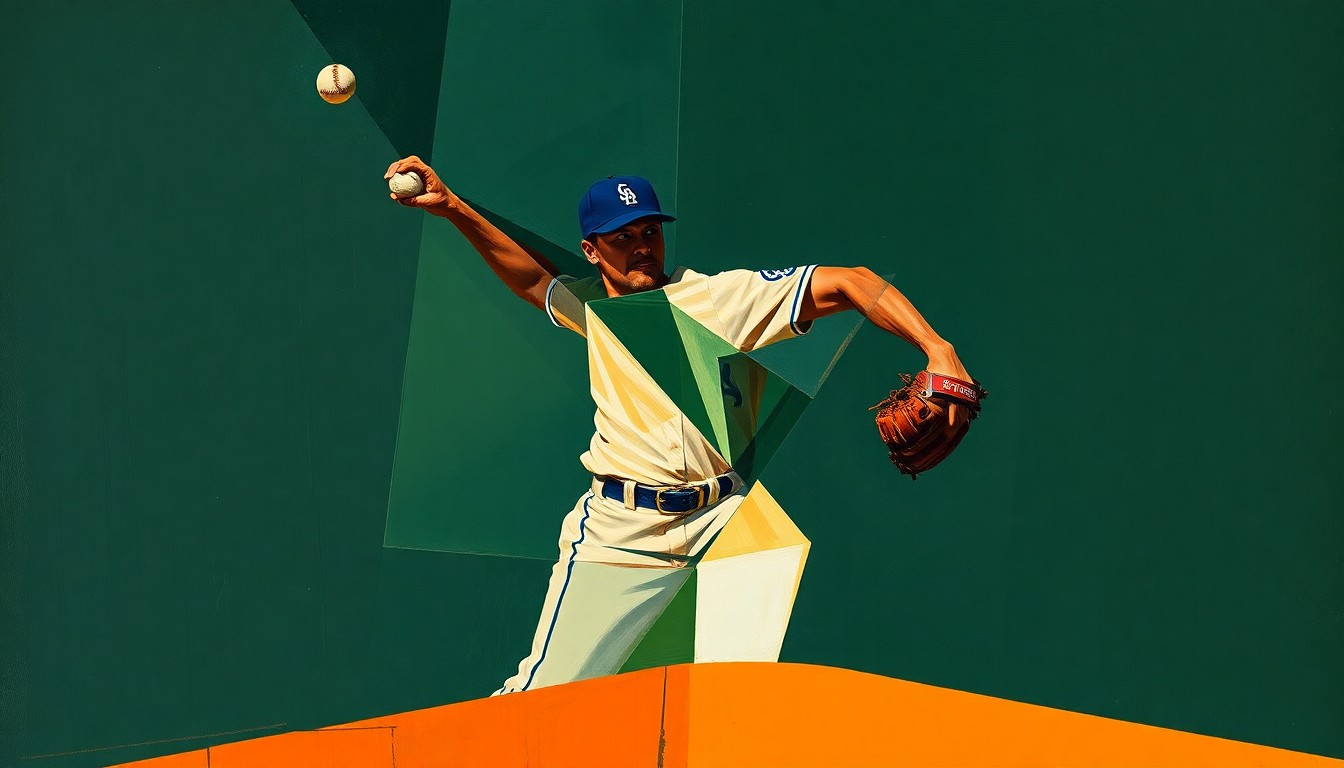 A cubist, geometric painting depicting a baseball pitcher's throwing motion broken down into overlapping planes of navy, green, and orange, conveying the disruption caused by Eflin's injury to the Orioles' rotation.