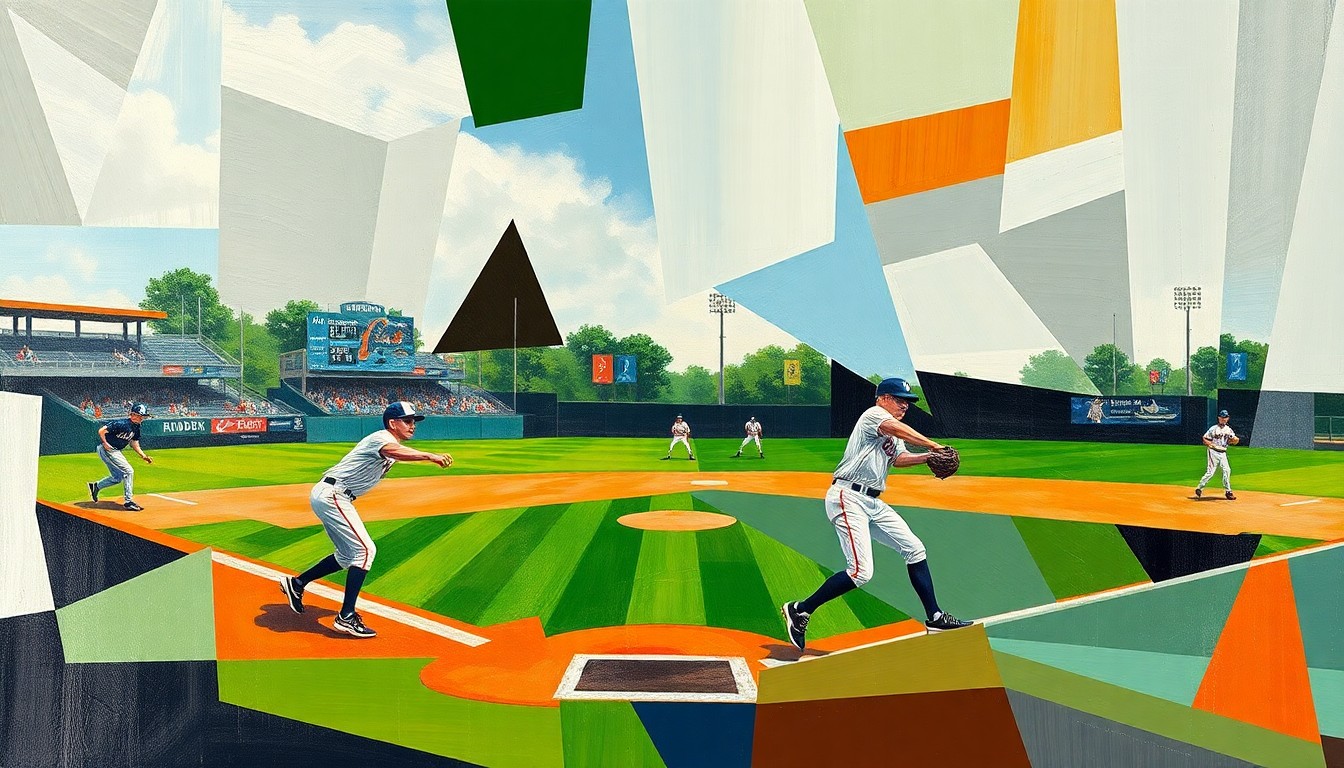 A fragmented, geometric painting depicting the action and energy of a high school baseball game, with players and the field of play broken down into abstract shapes and planes of color.