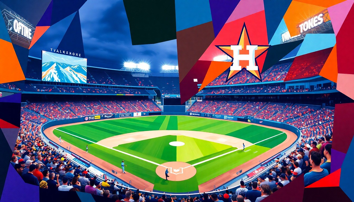 A cubist, geometric painting depicting a baseball game in motion, with the players and field broken down into overlapping planes of the Rockies' purple and silver colors and the Astros' orange and blue.