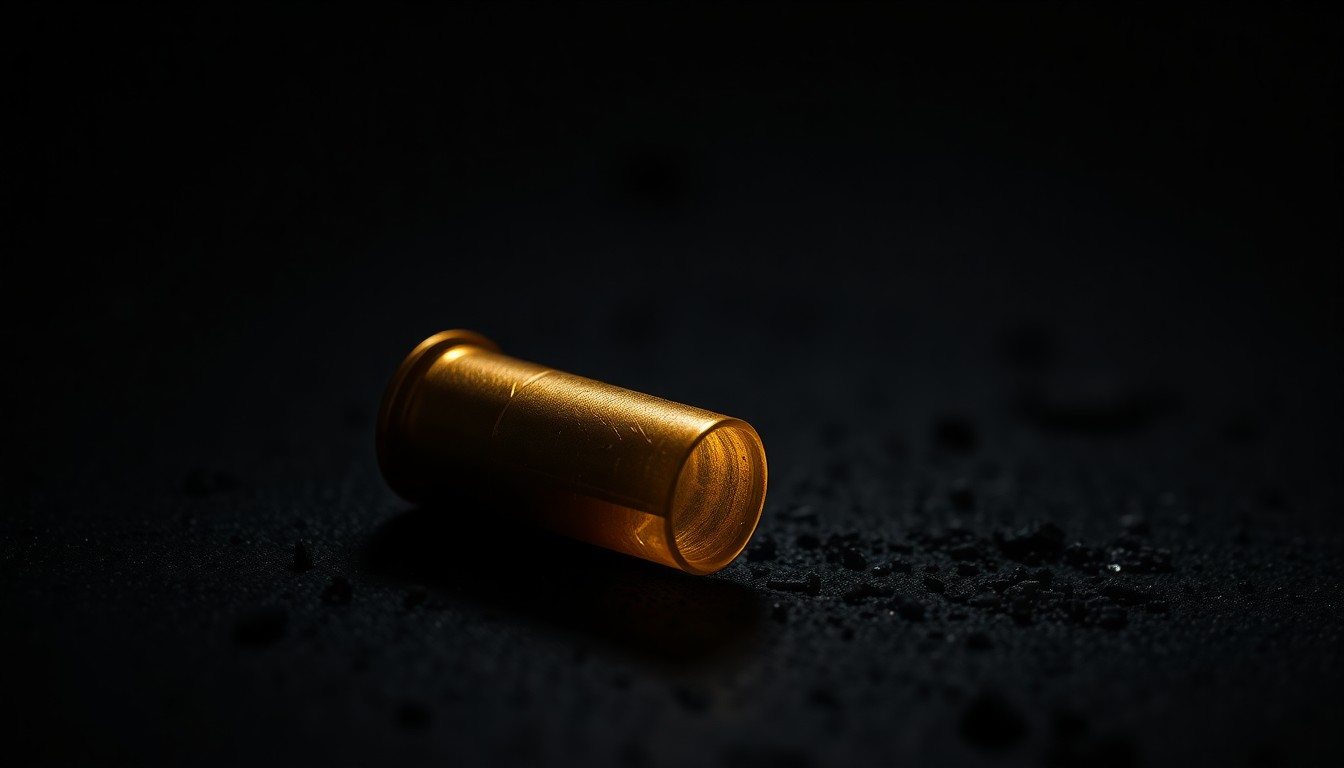An extreme close-up photograph of a spent bullet casing on a dark, gritty surface, lit by a harsh, direct camera flash, conceptually representing the aftermath of a non-fatal shooting incident in the Curtis Bay neighborhood.