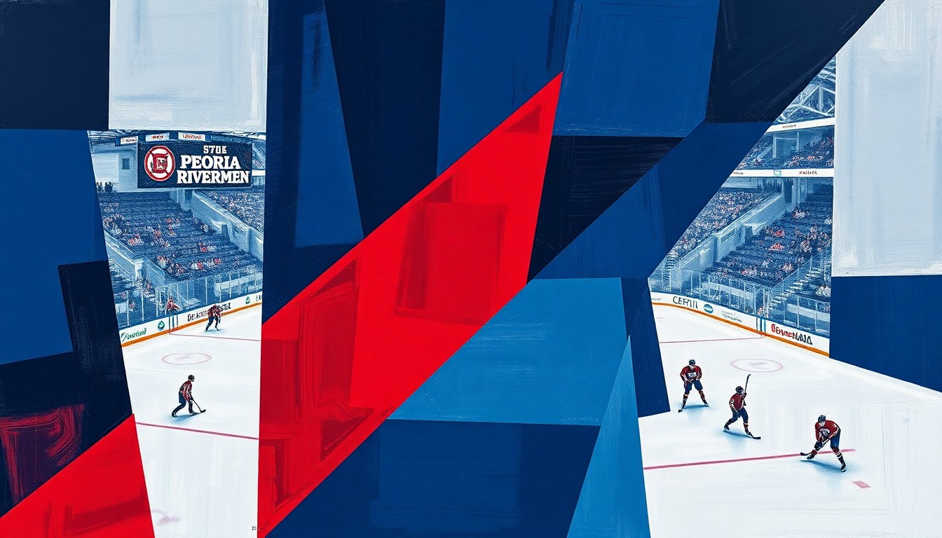 A cubist, geometric painting depicting a Peoria Rivermen hockey game, with the players and ice rink broken down into overlapping planes of navy blue, red, and white.