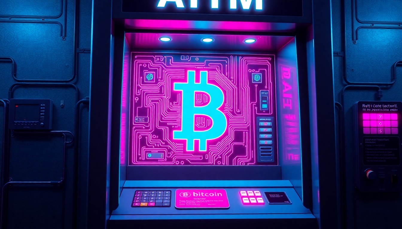 A highly detailed, glowing 3D illustration of a Bitcoin ATM machine with neon cyan and magenta lights illuminating its internal components, conceptually representing the complex digital infrastructure behind cryptocurrency transactions.