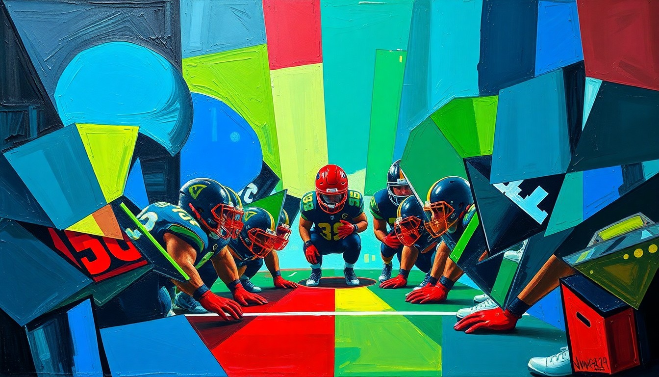 A cubist, geometric painting depicting the fractured, overlapping forms of a football offensive line, rendered in bold, vibrant colors that capture the energy and power of the sport.