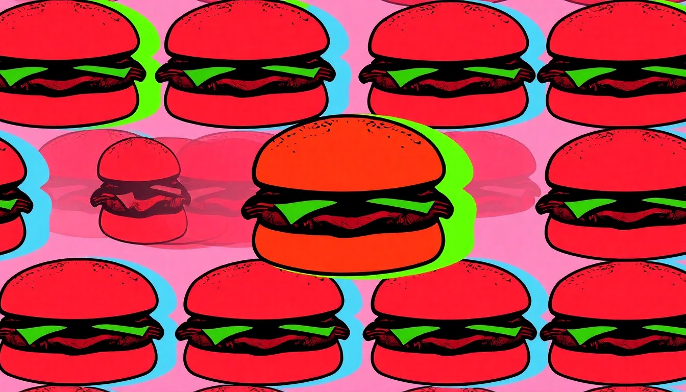 A brightly colored, high-contrast silkscreen print of a single, iconic hamburger patty repeated in a tight grid pattern, turning the everyday burger into modern pop art with flat, vibrant neon colors and heavy black outlines.