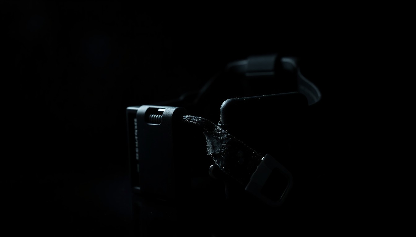 An extreme close-up photograph of a damaged wolf tracking collar or other wildlife monitoring device, the metal and plastic components starkly illuminated against a pitch-black background, conceptually representing the senseless violence inflicted on a protected species.