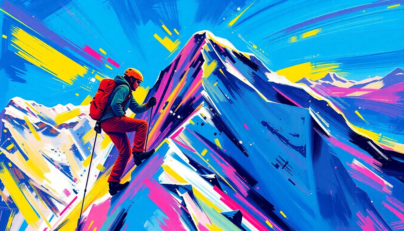 An abstract, energetic painting in neon colors depicting the dynamic movement and raw power of a mountaineer climbing a snow-covered peak, conveying the adventurous spirit of Jim Whittaker's legendary climbing career.