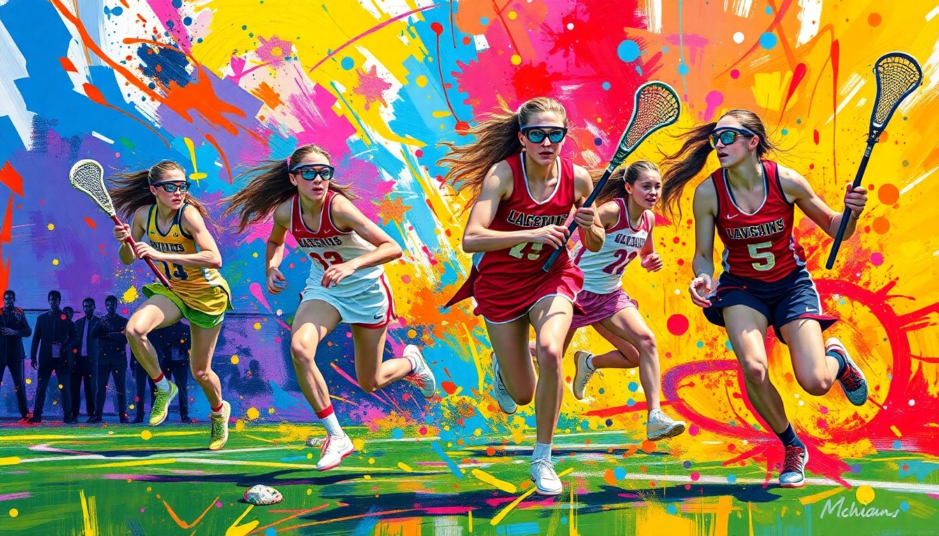 An abstract, expressionist painting in vibrant neon colors, capturing the frenetic energy and motion of a girls lacrosse game, with players' forms dissolving into dynamic brushstrokes.