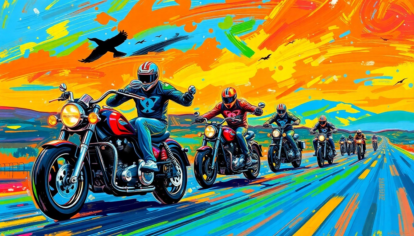 An abstract, expressionist painting featuring a group of motorcycles in motion, with vibrant neon colors and energetic brushstrokes capturing the dynamic spirit of the charity ride.