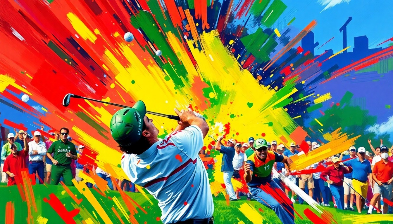 An abstract, expressionist painting in neon colors depicting the dynamic energy and movement of a golf tournament, with no recognizable figures or logos.