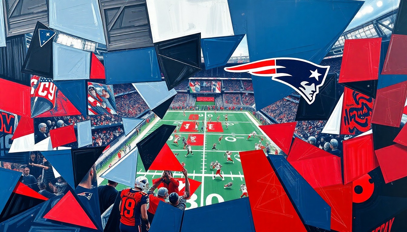 A fragmented, geometric painting in navy blue, red, and silver tones, depicting the overlapping elements of a football game or match in an abstract, deconstructed style.