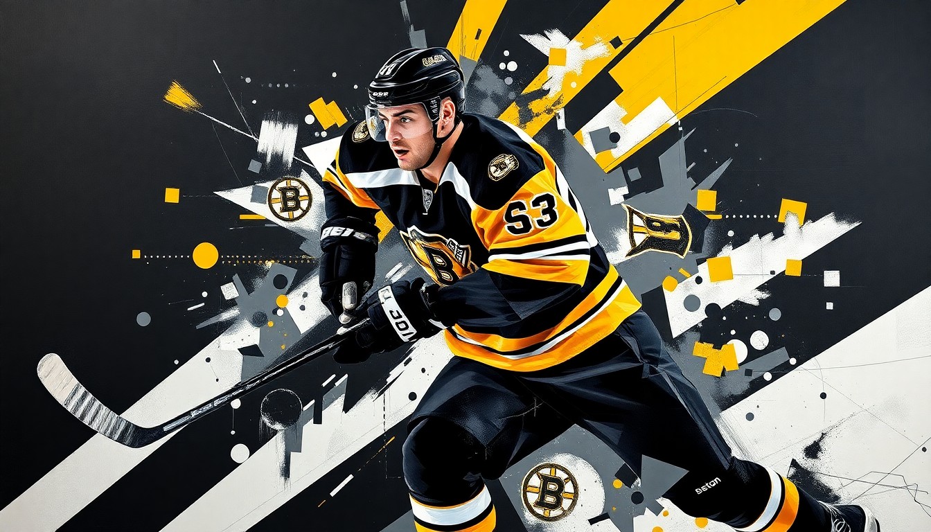 A cubist, geometric painting depicting a hockey player in motion, with sharp, overlapping planes of black, gold, and white representing the Boston Bruins' team colors.