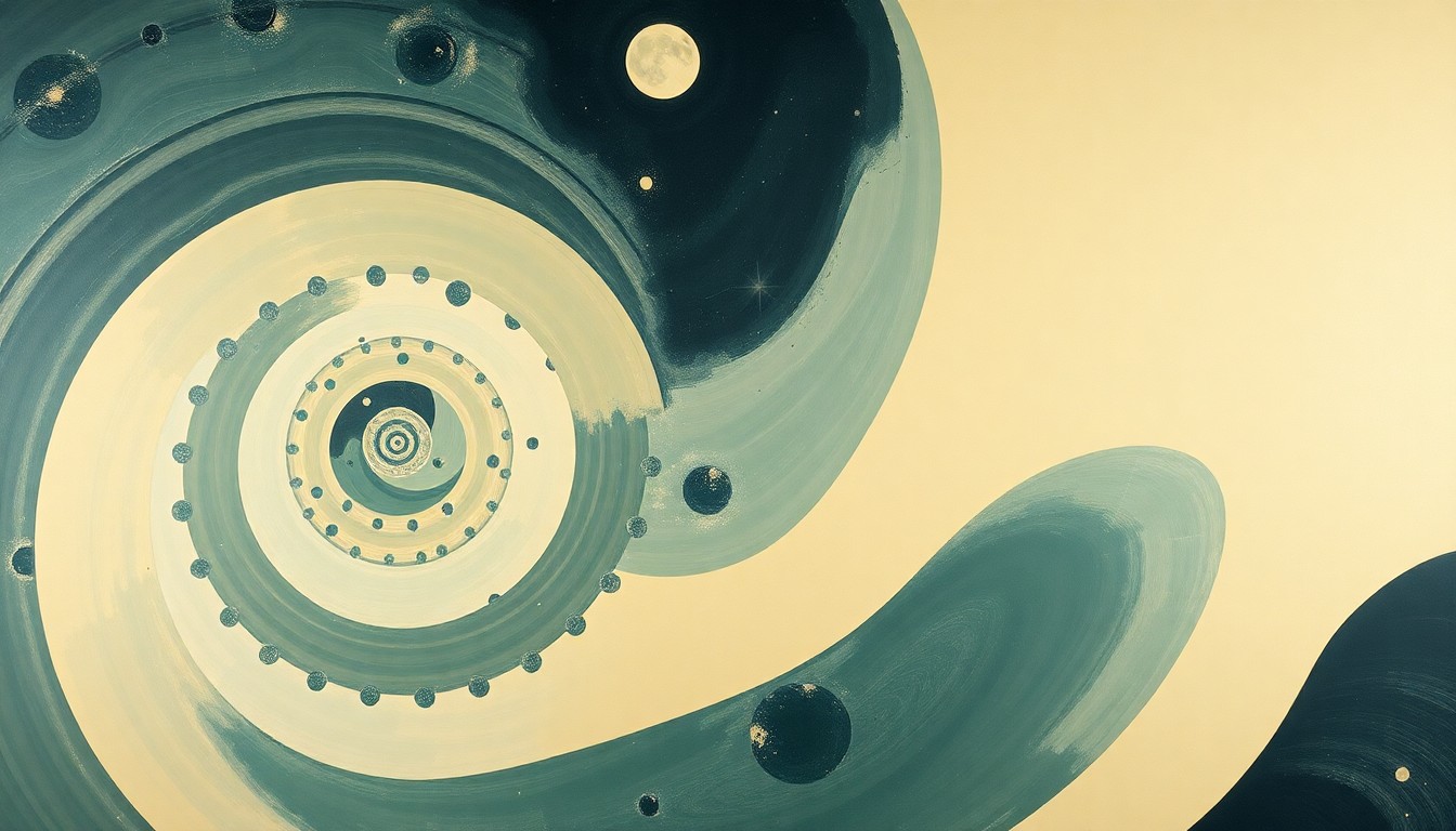 A bold, abstract painting in soft blues, greens, and golds depicting sweeping geometric arcs, concentric circles, and precise spirals, representing the structural order and emotional resonance of the Artemis II lunar mission.