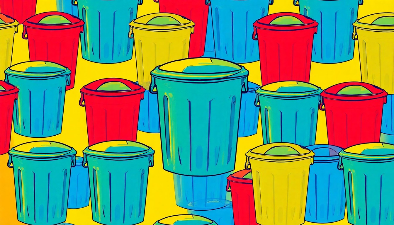 A brightly colored, high-contrast silkscreen print of a standard household trash can, repeated in a tight grid pattern, conceptually representing the organization and separation of household waste.
