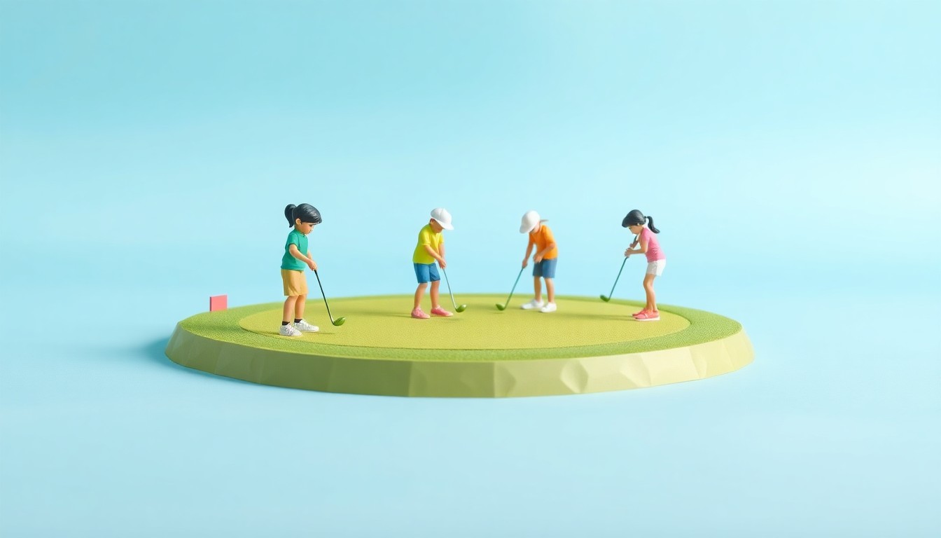 A colorful, minimalist 3D illustration depicting young people playing golf on a stylized course, representing the inclusive and community-focused nature of the 'Golf with Us' program.