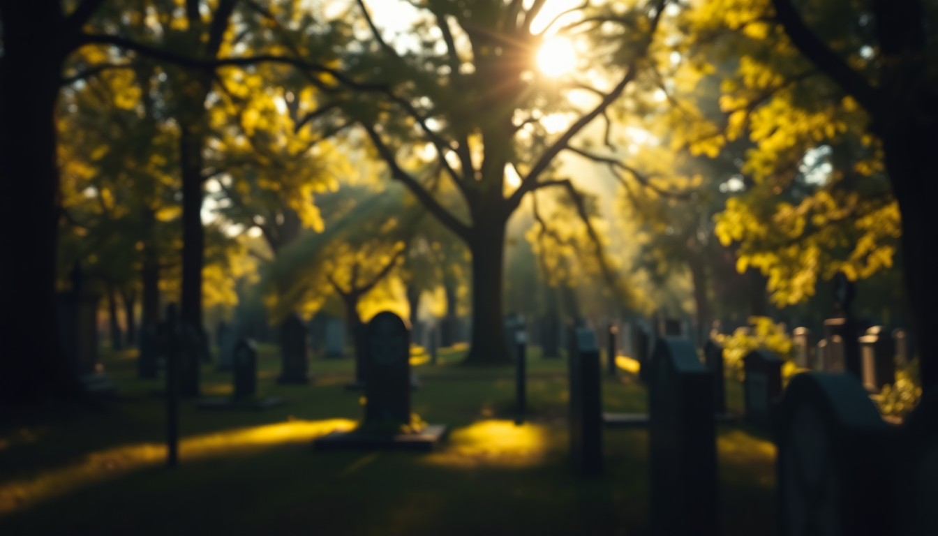 An extremely abstracted, out-of-focus photograph of a peaceful cemetery scene, with soft pools of warm light and color filtering through the trees, conveying a sense of reverence and contemplation.