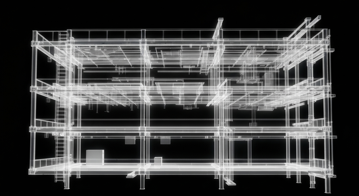 An extreme close-up X-ray photograph revealing the internal structure and infrastructure of a former retail pharmacy building, conceptually illustrating how the space has been repurposed for a new healthcare facility.