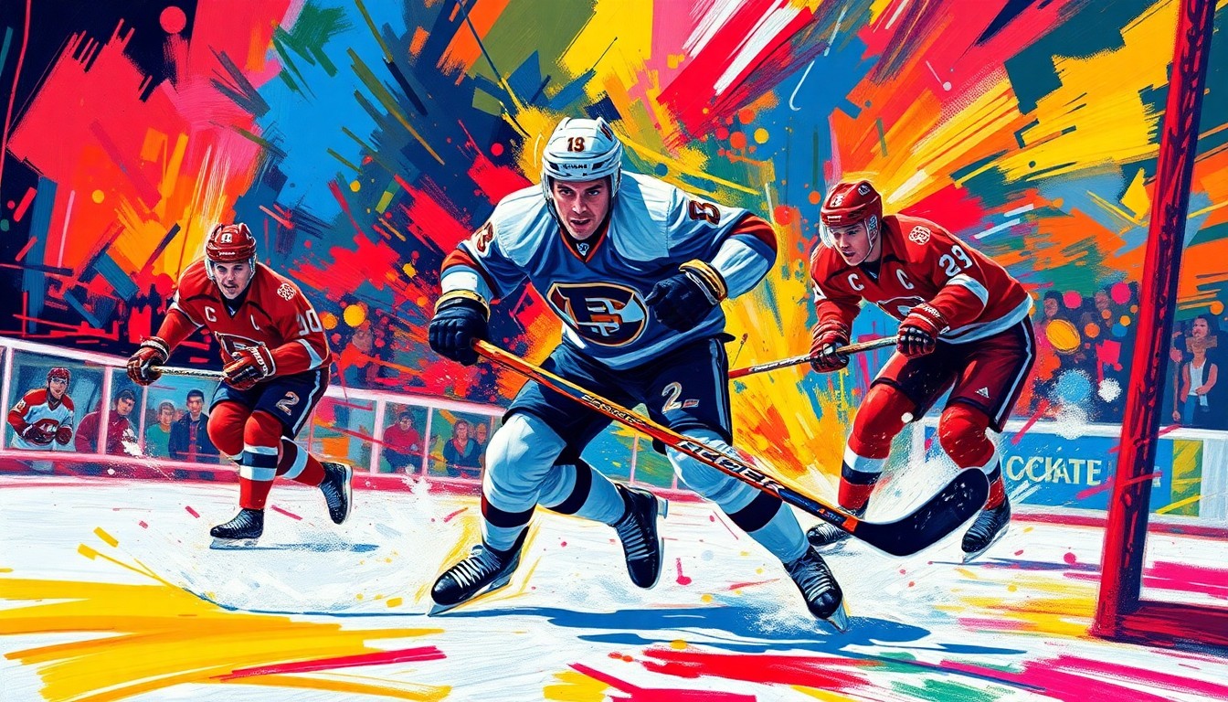 An abstract, expressionist painting in neon colors depicting the dynamic motion and raw energy of a hockey player scoring a goal, with faces and details dissolved into unrecognizable brushstrokes.