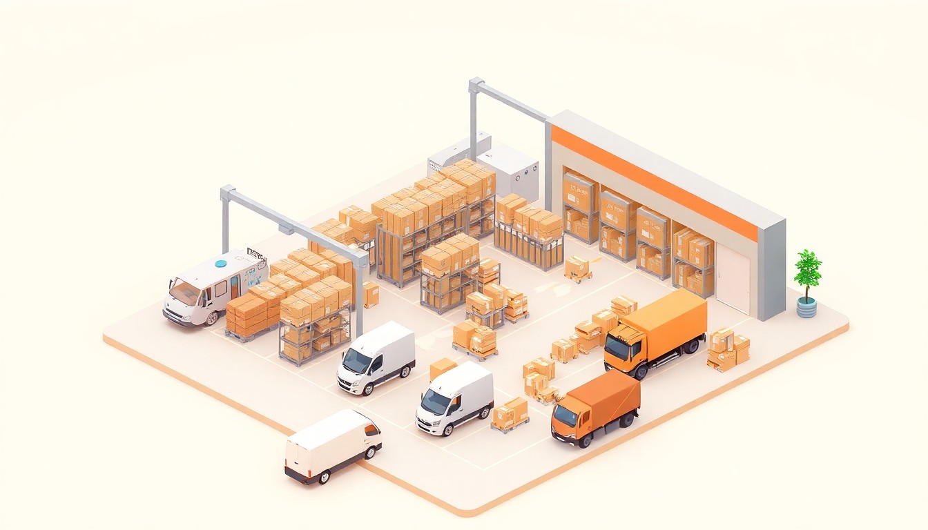 A highly stylized, isometric 3D digital illustration depicting a miniature logistics hub with automated sorting systems, delivery vehicles, and a pastel background, conceptually representing GOFO's infrastructure investments to improve efficiency and expand coverage.