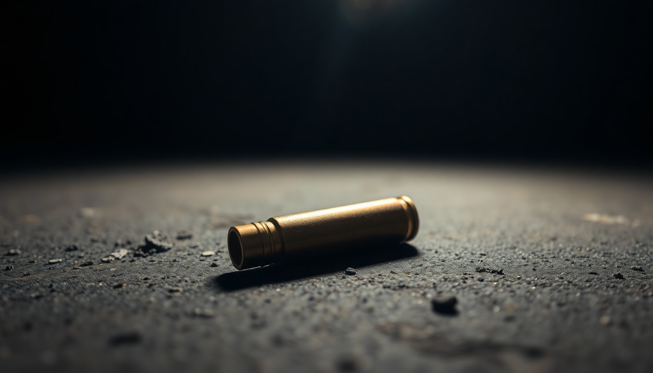 An extreme close-up photograph of a single spent shell casing on a dark, textured surface, conceptually illustrating the grim aftermath of a school shooting incident.
