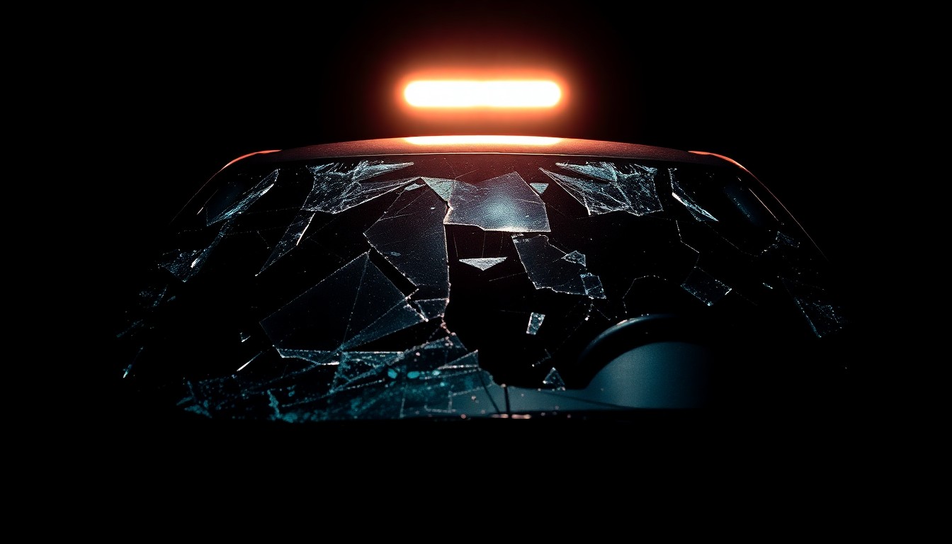 An extreme close-up photograph of a shattered car windshield, capturing the dramatic texture and fragmented glass in stark, dramatic lighting, conceptually representing the tragic aftermath of a fatal highway accident.
