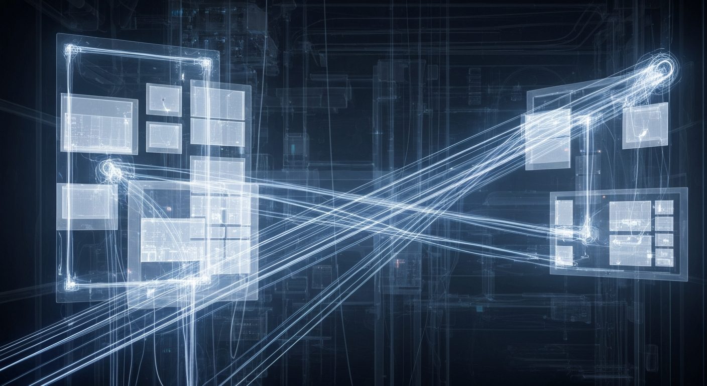 An extreme close-up X-ray photograph revealing the complex network of remote monitoring equipment and video screens that make up a 'tele-ICU' system, conceptually illustrating the hidden technological infrastructure behind remote healthcare.