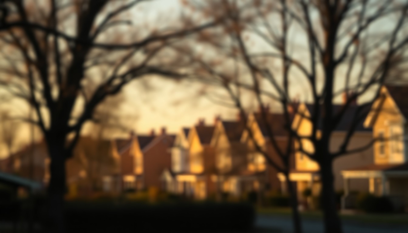 An extremely abstracted, out-of-focus photograph of a residential neighborhood, with the silhouettes of trees and houses blurred in soft pools of warm, golden light, conceptually representing the energy-saving and environmental benefits of the free tree program.