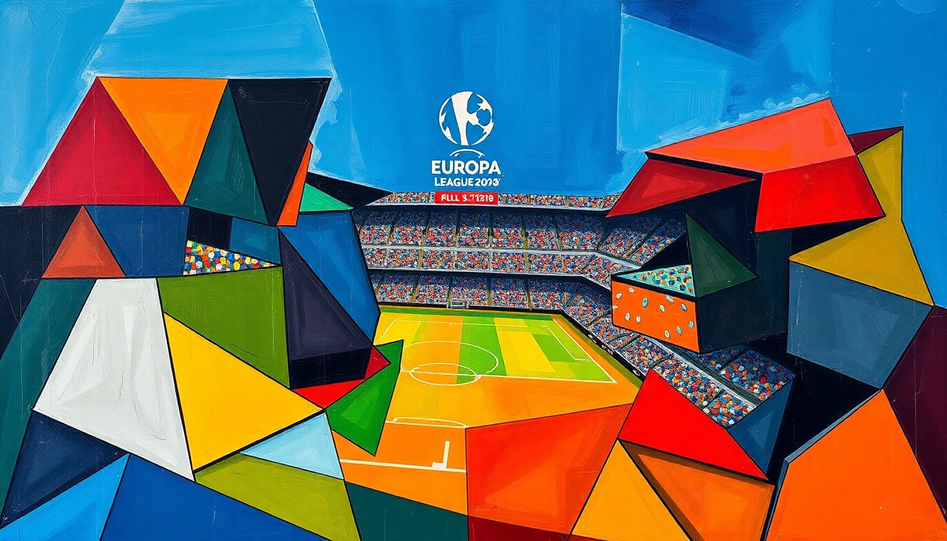 A fractured, multi-perspective painting in bold, geometric shapes and vibrant colors, conceptually representing the dynamic energy and competing perspectives of the Europa League quarterfinal match between Braga and Betis.