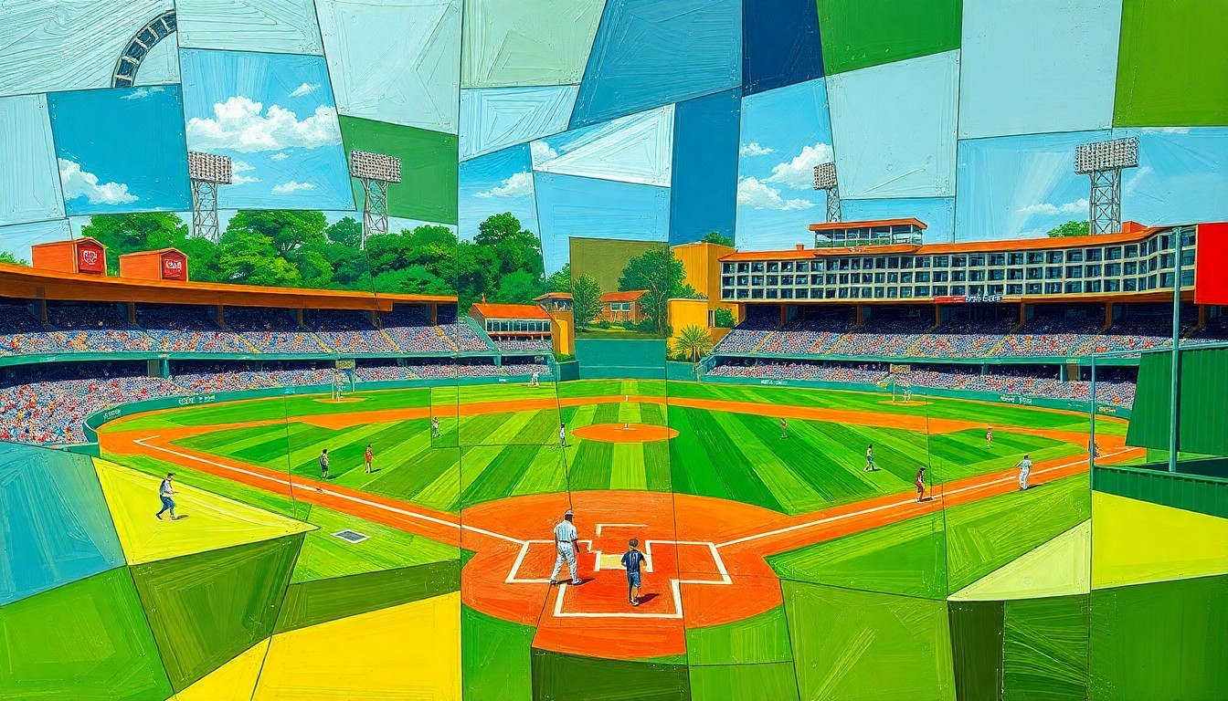 A fragmented, geometric painting in vibrant colors depicting the dynamic movements and energy of a baseball game.