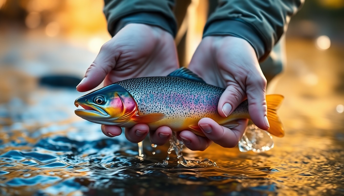 An extremely abstracted, out-of-focus photograph of a person's hands carefully releasing a trout into a stream, with the surrounding environment blurred into soft, warm pools of color and light.