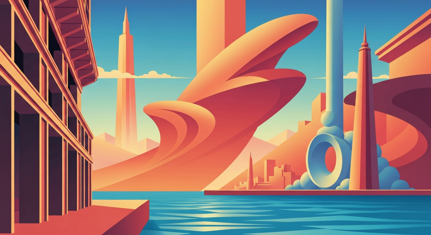 A bold, geometric illustration in the Art Deco style depicting the sweeping, streamlined architecture of a grand hotel, with no visible text or people.