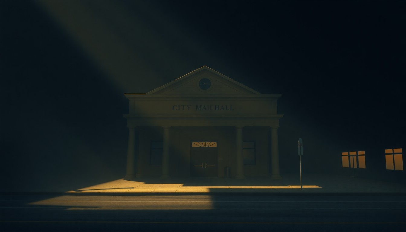 A serene, photorealistic painting of a municipal building in a small French city, with warm sunlight casting long shadows across the facade and surrounding streets, conveying a sense of civic contemplation and financial planning.