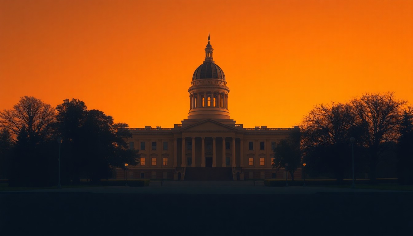 A serene, cinematic painting of a state capitol building in warm, golden light, its grand architecture and deep shadows conveying a sense of political power and intrigue.