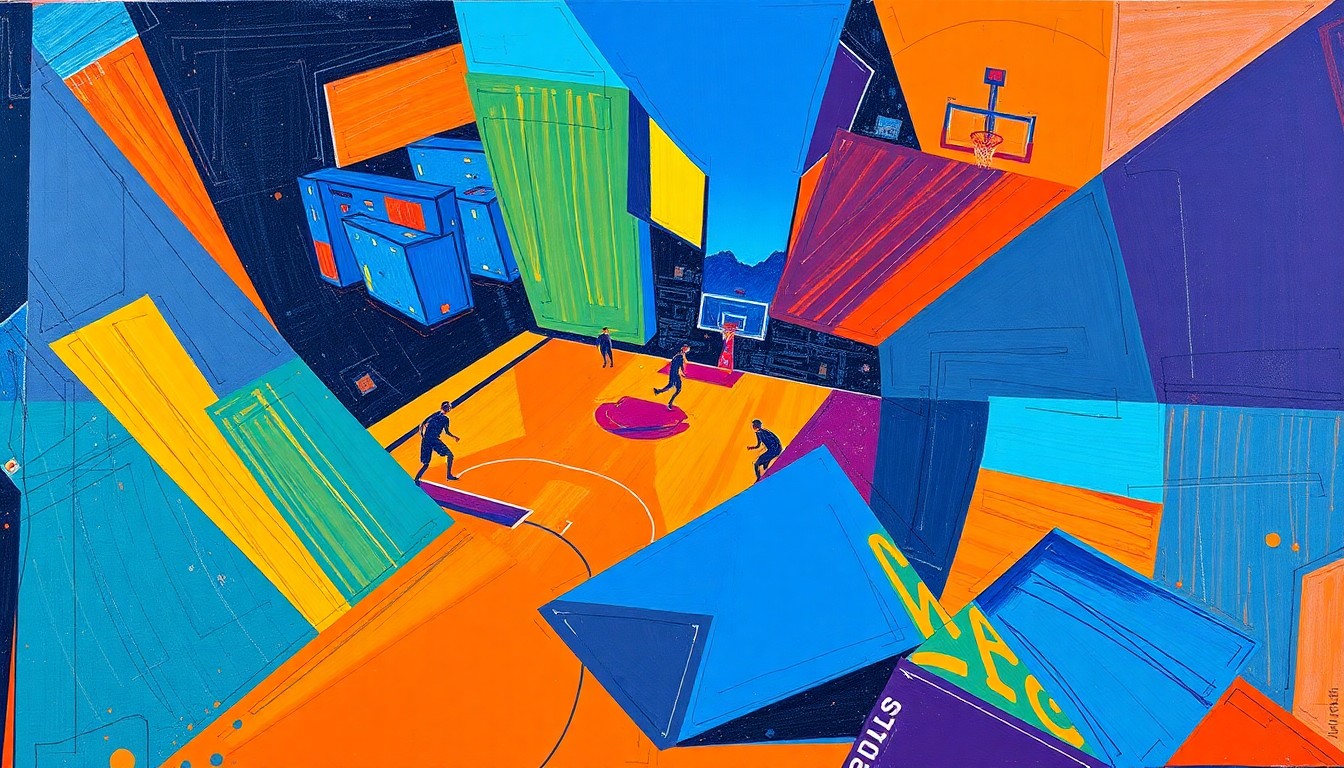 A cubist, geometric painting depicting the dynamic action of an NBA basketball game, with overlapping shapes and planes of color representing the fast-paced movement and scoring of the players on the court.