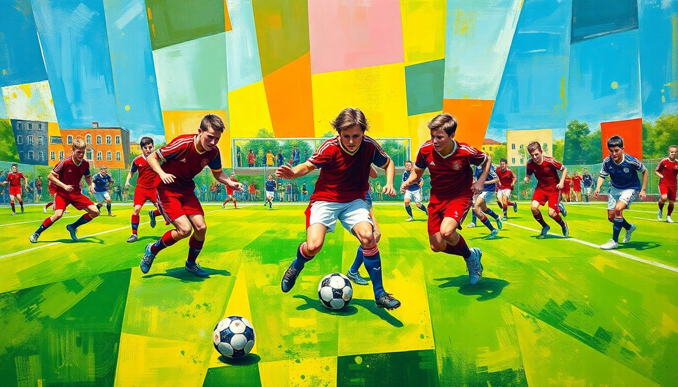 A fragmented, geometric painting depicting the dynamic action and competitive spirit of a high school boys soccer match, with players and the ball rendered in sharp, overlapping planes of color.