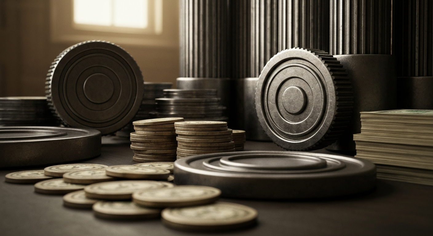 An extreme close-up of complex financial machinery and equipment, conveying the intricate nature of the banking and fintech industries without using any literal representations of money or charts.