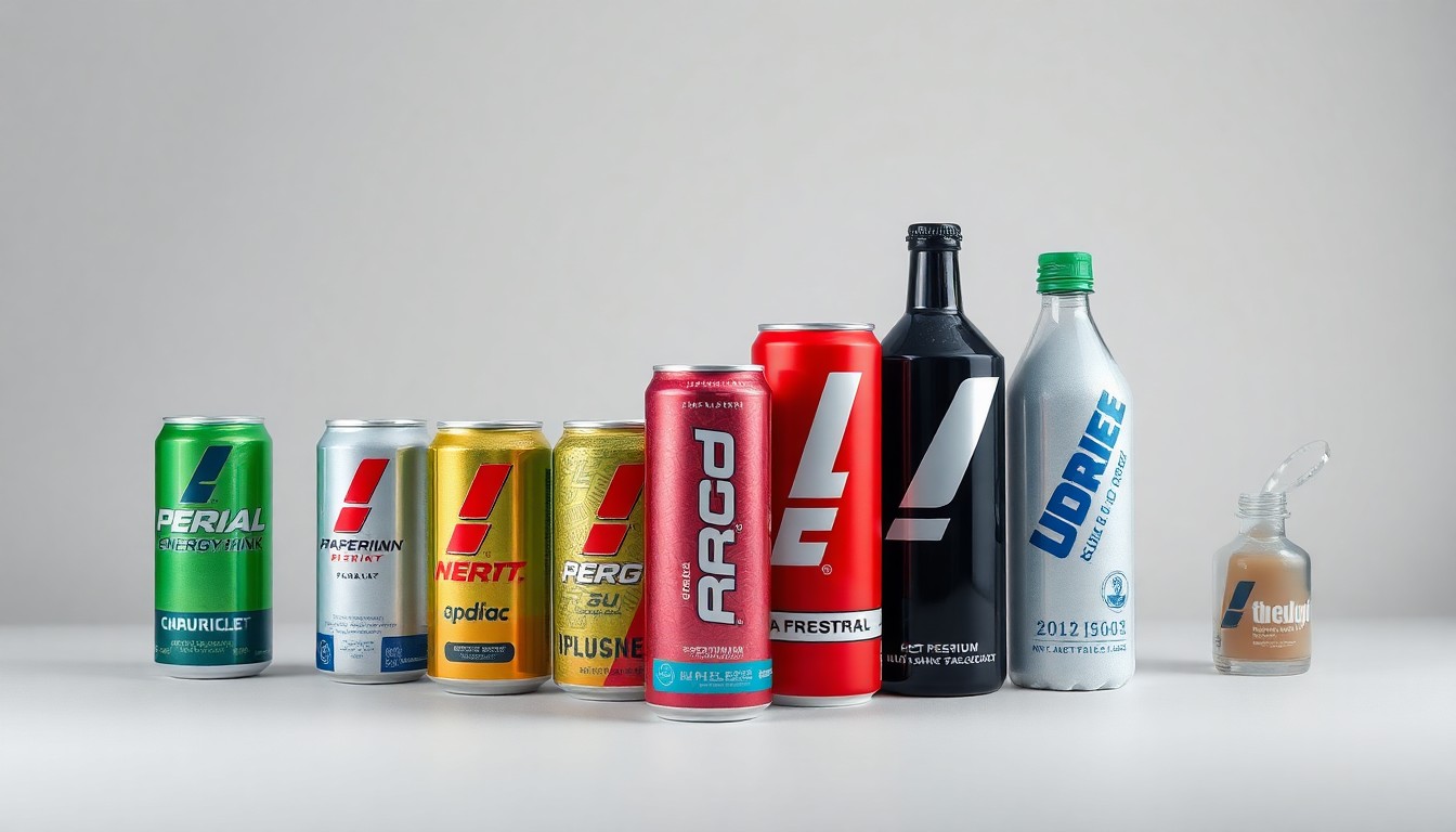 A high-end, photorealistic studio still-life photograph featuring a collection of premium energy drink cans and bottles, including both traditional caffeine-based options and the newer caffeine-free UPDATE brand, arranged elegantly on a clean, monochromatic seamless background. The objects use sharp, dramatic studio lighting and deep shadows to represent the abstract concepts of consumer trends and market shifts in the energy drink industry.