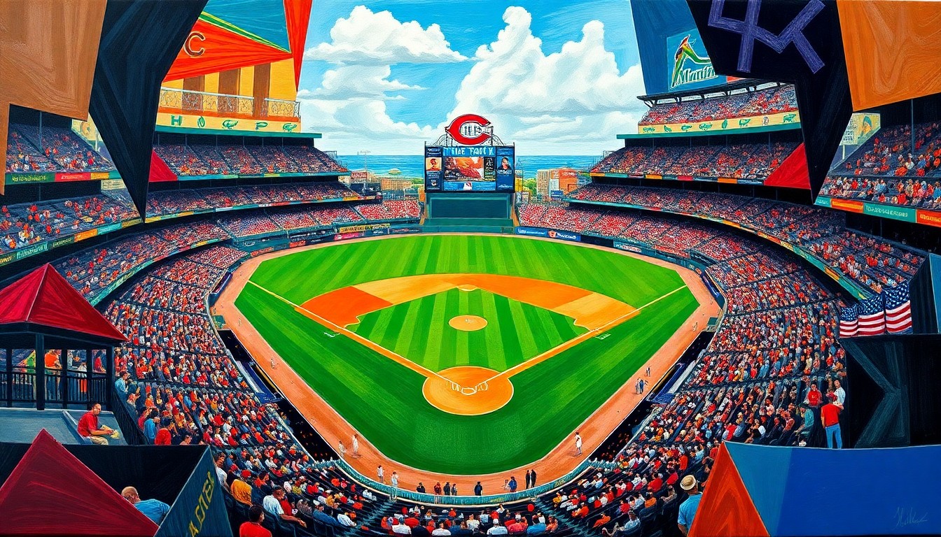 A fragmented, multi-angled painting depicting a baseball game between the Cincinnati Reds and Miami Marlins, with the players, field, and stadium broken down into sharp, overlapping planes of color and geometric shapes, creating a dynamic, abstract visual representation of the game's action.