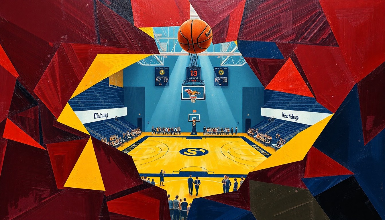 A fractured, cubist-style painting depicting a high school basketball game, with the court and players broken down into sharp, overlapping geometric shapes in the team colors of Corinth and New Albany.