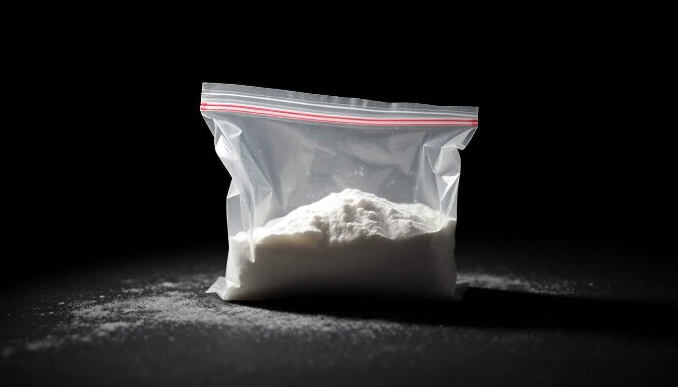 An extreme close-up of a small plastic bag containing a white powdery substance, reflecting the harsh, sudden lighting of a camera flash against a dark background, conceptually representing the illegal drugs at the center of this high-profile criminal case.